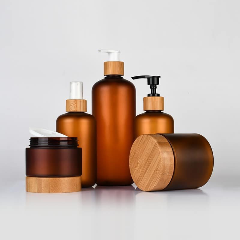 Half Wrapped Bamboo Cover Cream Jar, Brown Frosted Lotion Bottle With Bamboo Lotion Pump