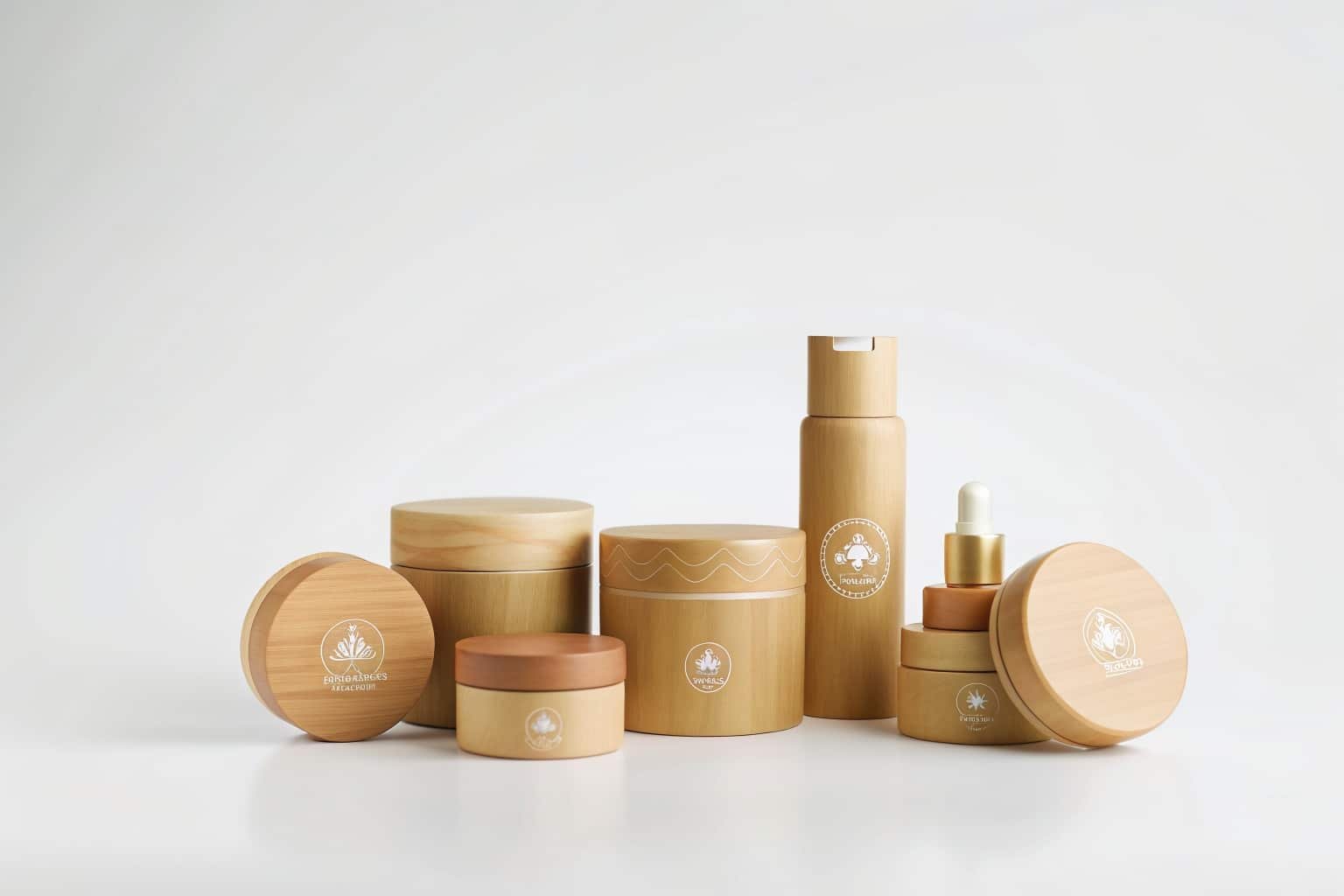A collection of bespoke bamboo cosmetic containers with custom logos.