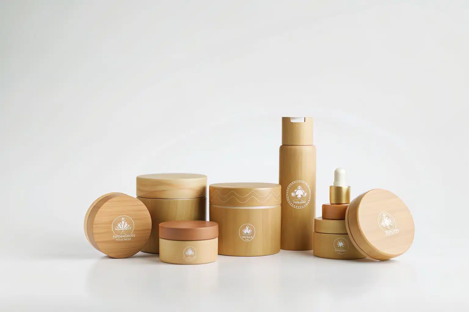Custom Bamboo Cosmetic Packaging for Brands A collection of bespoke bamboo cosmetic containers with custom logos.